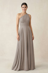 One-Shoulder A-Line Pleated Chiffon Bridesmaid Dress in Frost | KISSBRIDAL