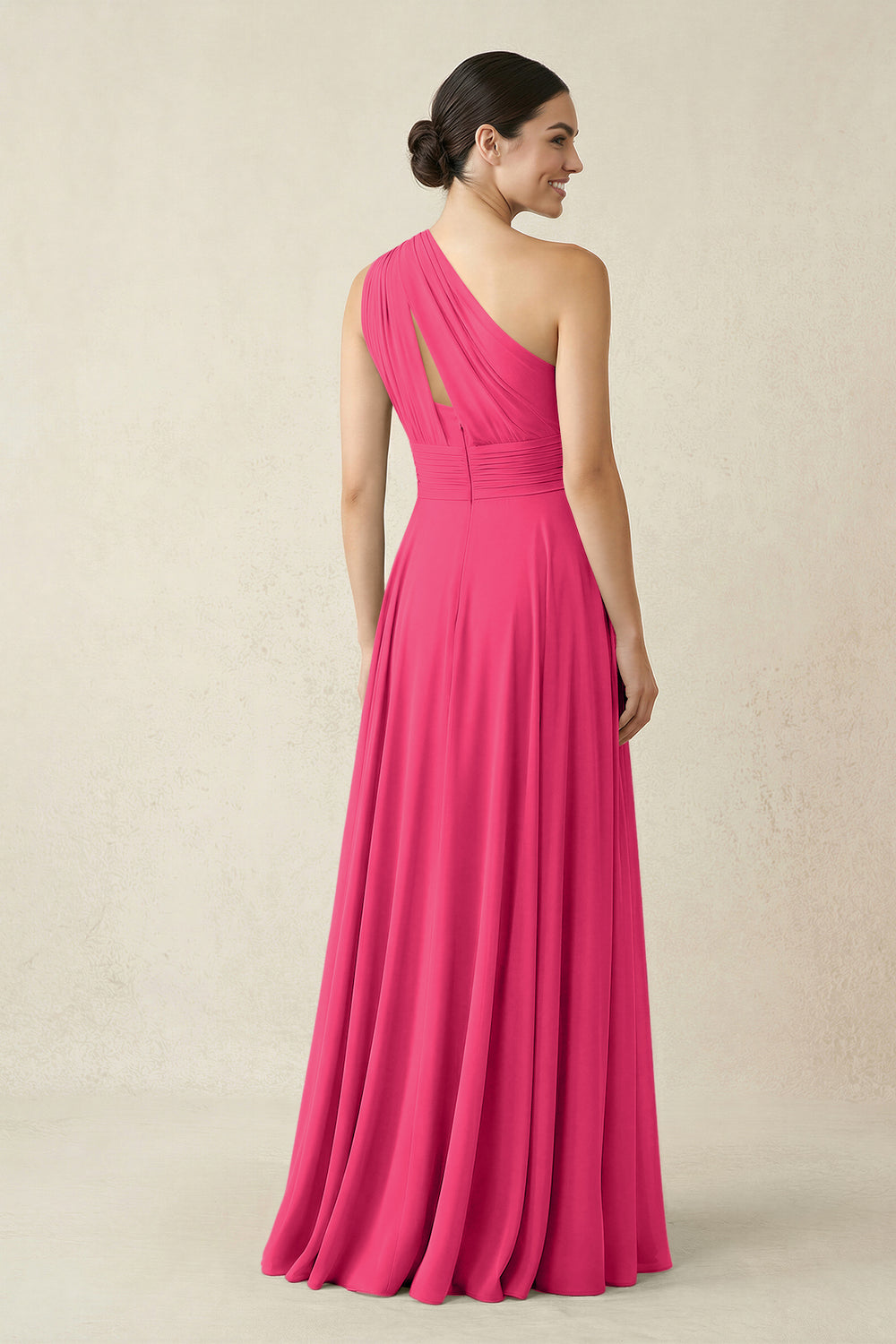 One-Shoulder A-Line Pleated Chiffon Bridesmaid Dress in Fuchsia