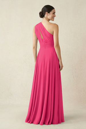 One-Shoulder A-Line Pleated Chiffon Bridesmaid Dress in Fuchsia (2) | KISSBRIDAL
