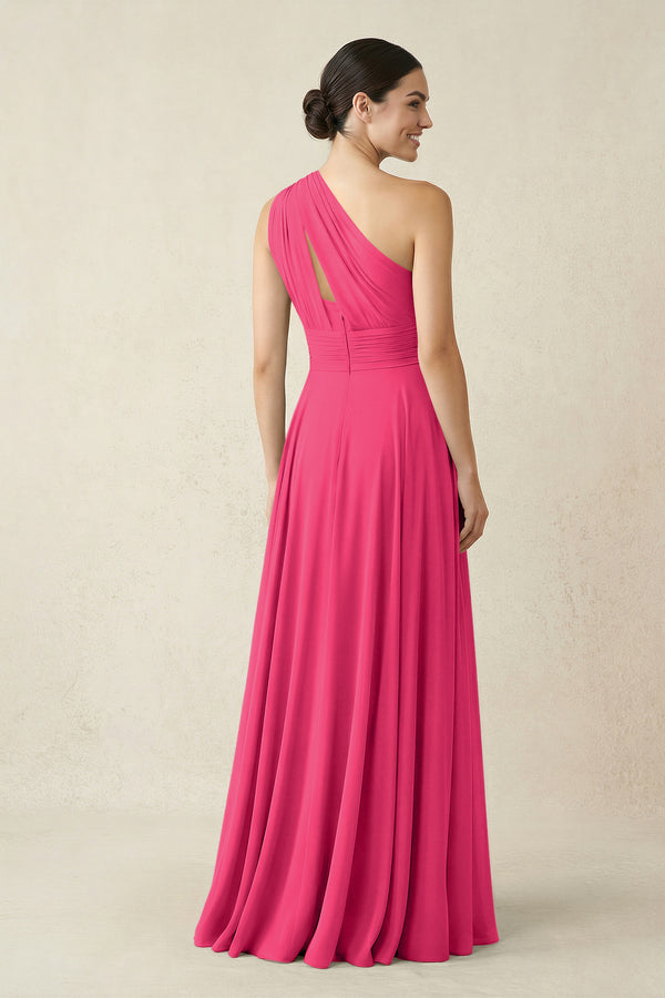 One-Shoulder A-Line Pleated Chiffon Bridesmaid Dress in Fuchsia (2) | KISSBRIDAL