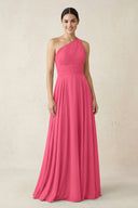 One - Shoulder A - Line Pleated Chiffon Bridesmaid Dress in Fuchsia - SHE IS ME Bridesmaid Dresses