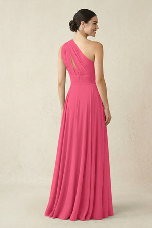 One - Shoulder A - Line Pleated Chiffon Bridesmaid Dress in Fuchsia - SHE IS ME Bridesmaid Dresses