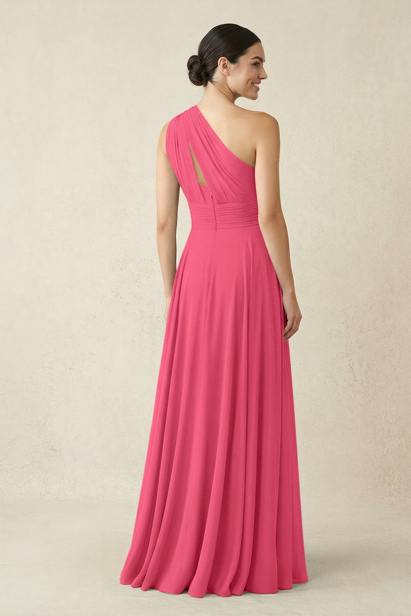One - Shoulder A - Line Pleated Chiffon Bridesmaid Dress in Fuchsia - SHE IS ME Bridesmaid Dresses
