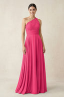 One-Shoulder A-Line Pleated Chiffon Bridesmaid Dress in Fuchsia | KISSBRIDAL