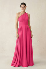 One-Shoulder A-Line Pleated Chiffon Bridesmaid Dress in Fuchsia | KISSBRIDAL