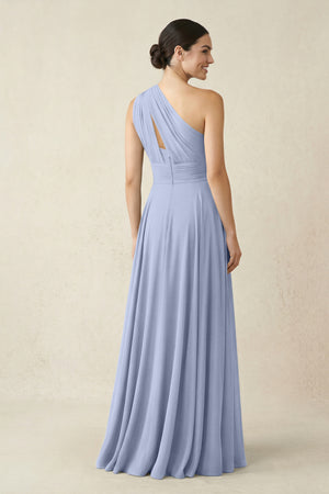 One-Shoulder A-Line Pleated Chiffon Bridesmaid Dress in Ice (2) | KISSBRIDAL