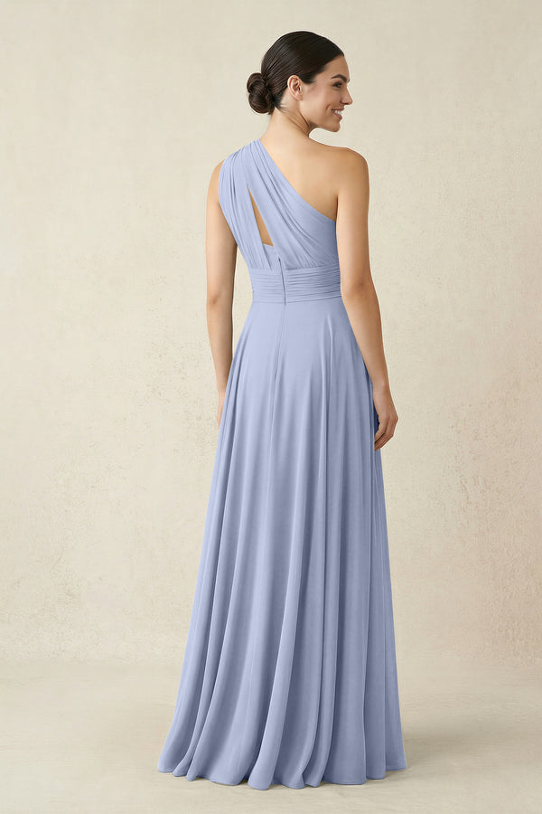 One-Shoulder A-Line Pleated Chiffon Bridesmaid Dress in Ice (2) | KISSBRIDAL