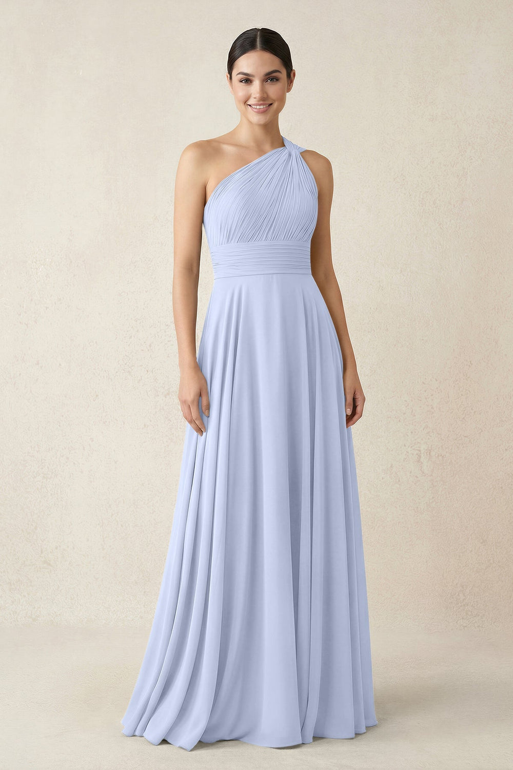One - Shoulder A - Line Pleated Chiffon Bridesmaid Dress in Ice - KISS BRIDAL Bridesmaid Dresses
