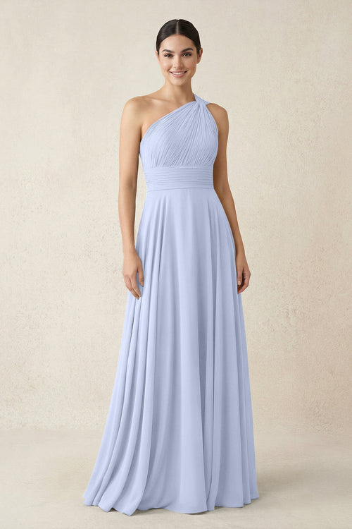 One - Shoulder A - Line Pleated Chiffon Bridesmaid Dress in Ice - SHE IS ME Bridesmaid Dresses