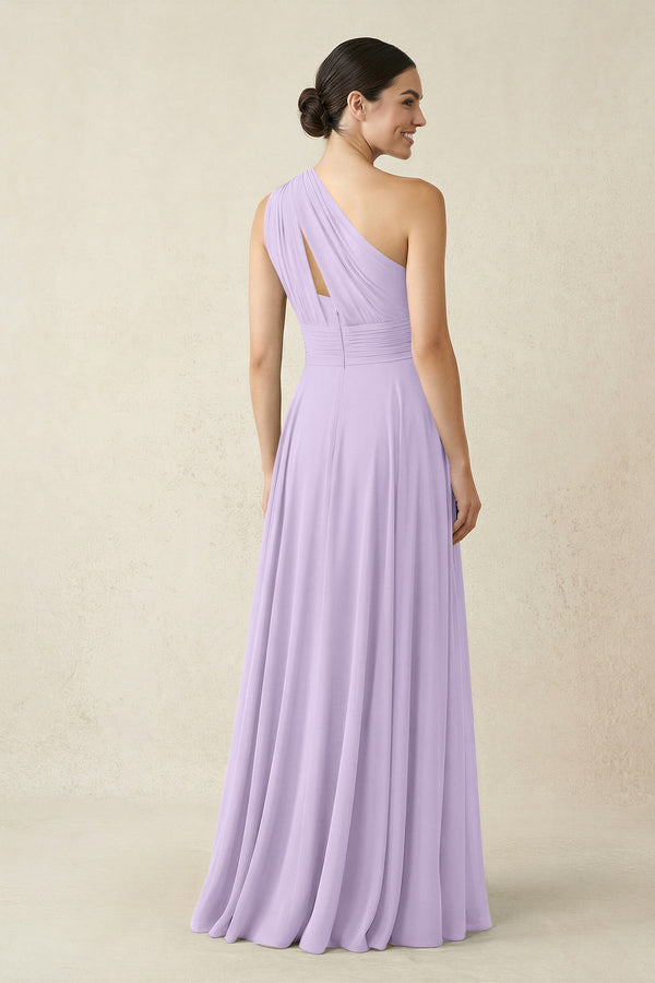 One - Shoulder A - Line Pleated Chiffon Bridesmaid Dress in Lavender - SHE IS ME Bridesmaid Dresses