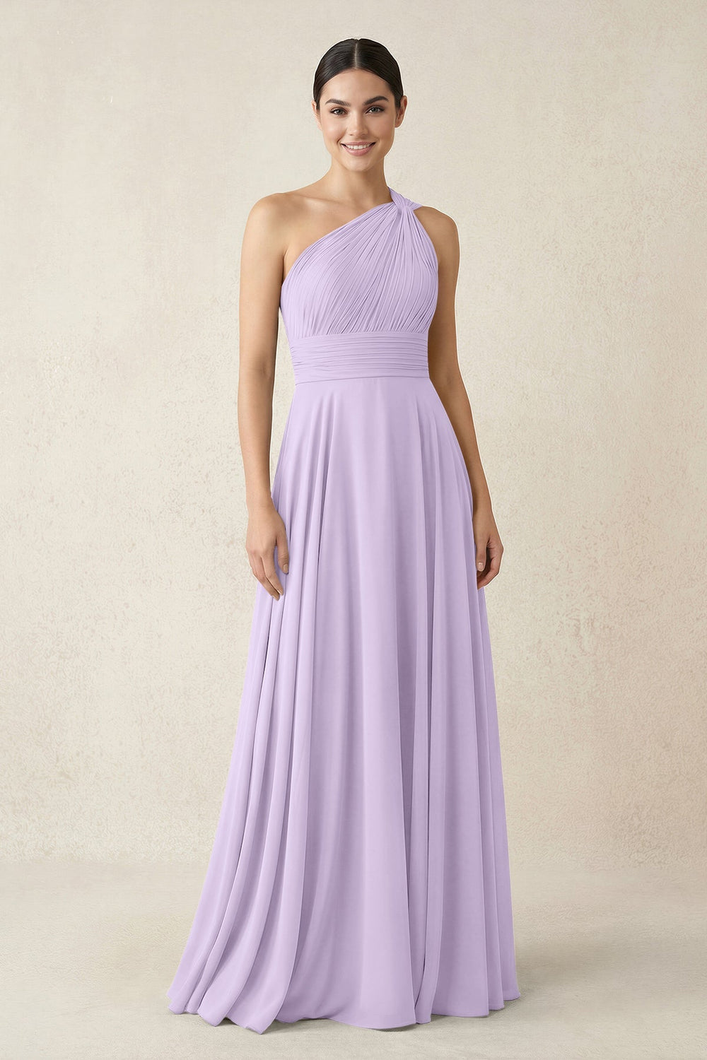 One - Shoulder A - Line Pleated Chiffon Bridesmaid Dress in Lavender - KISS BRIDAL Bridesmaid Dresses