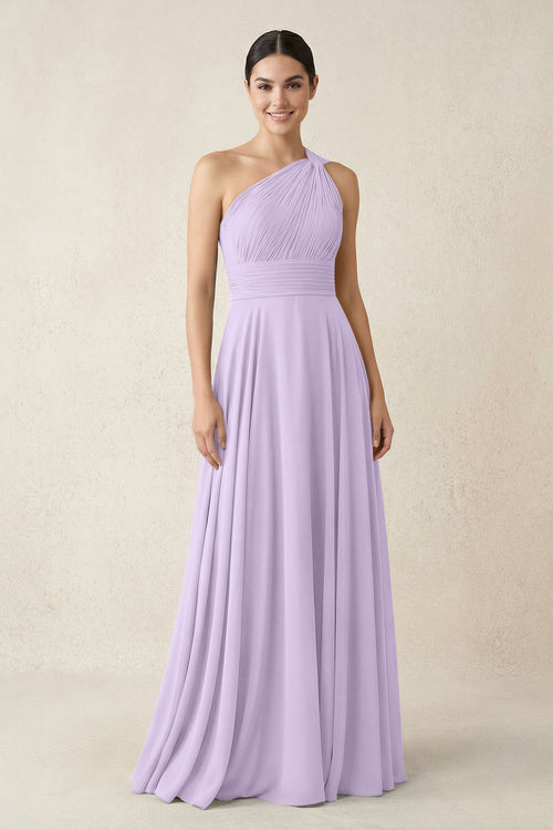 One - Shoulder A - Line Pleated Chiffon Bridesmaid Dress in Lavender - SHE IS ME Bridesmaid Dresses