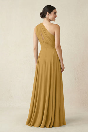 One-Shoulder A-Line Pleated Chiffon Bridesmaid Dress in Marigold (2) | KISSBRIDAL
