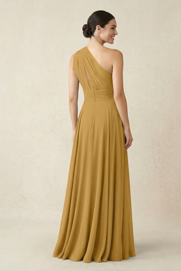 One-Shoulder A-Line Pleated Chiffon Bridesmaid Dress in Marigold (2) | KISSBRIDAL
