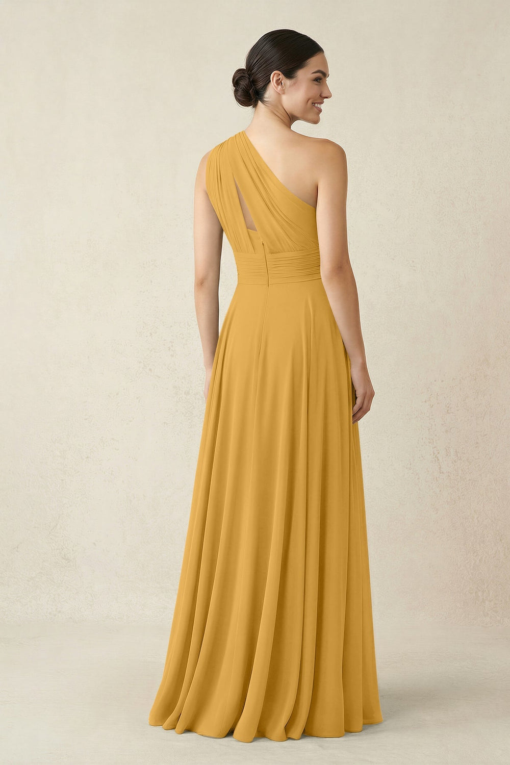 One - Shoulder A - Line Pleated Chiffon Bridesmaid Dress in Marigold - KISS BRIDAL Bridesmaid Dresses
