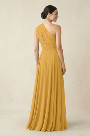 One - Shoulder A - Line Pleated Chiffon Bridesmaid Dress in Marigold - SHE IS ME Bridesmaid Dresses