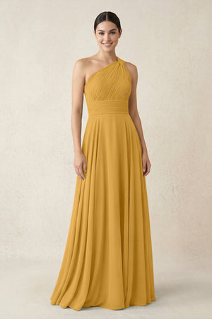 One - Shoulder A - Line Pleated Chiffon Bridesmaid Dress in Marigold - SHE IS ME Bridesmaid Dresses