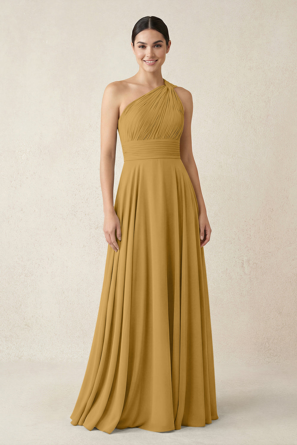One-Shoulder A-Line Pleated Chiffon Bridesmaid Dress in Marigold