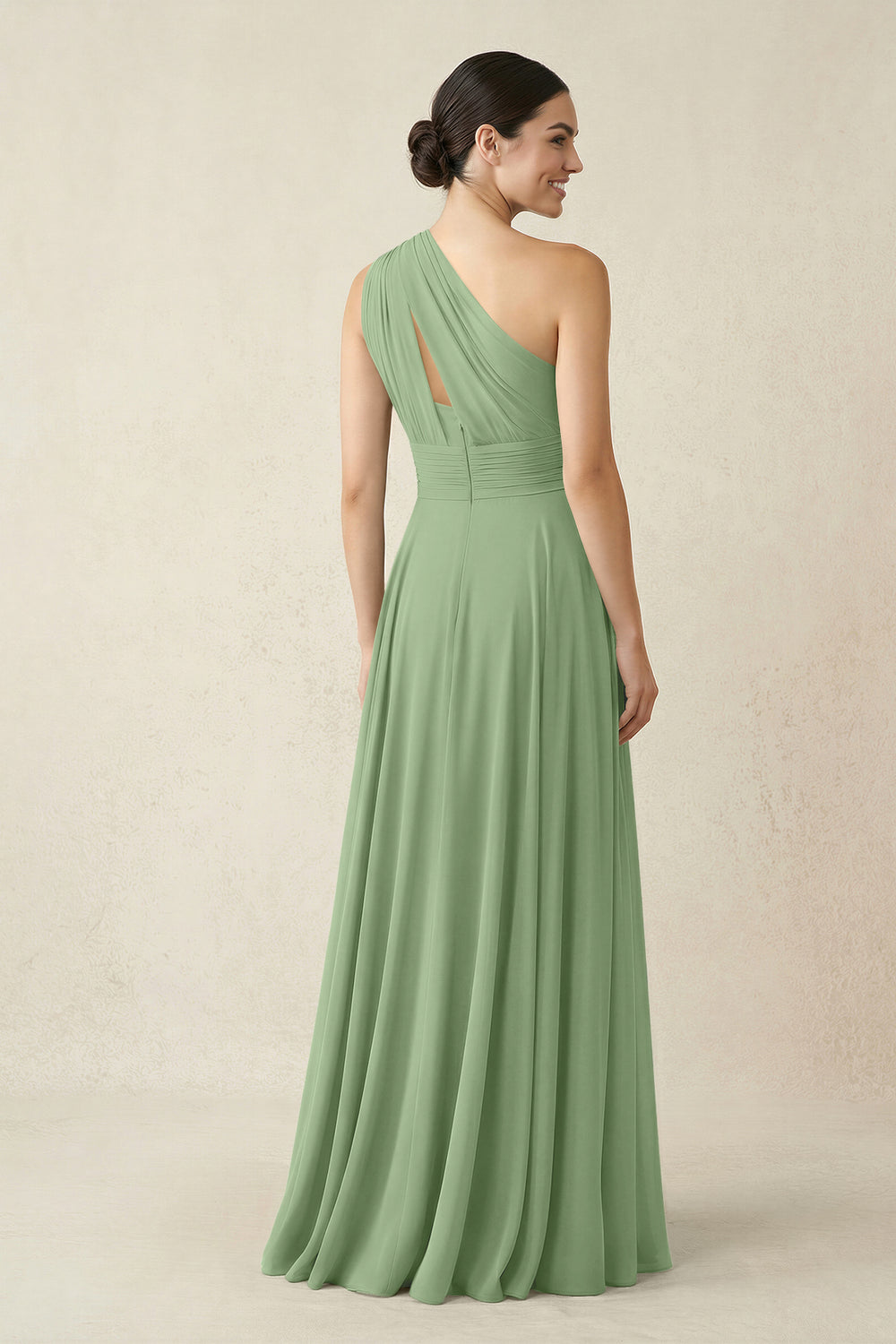 One-Shoulder A-Line Pleated Chiffon Bridesmaid Dress in Matcha