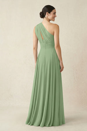 One-Shoulder A-Line Pleated Chiffon Bridesmaid Dress in Matcha (2) | KISSBRIDAL