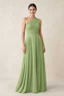 One - Shoulder A - Line Pleated Chiffon Bridesmaid Dress in Matcha - SHE IS ME Bridesmaid Dresses