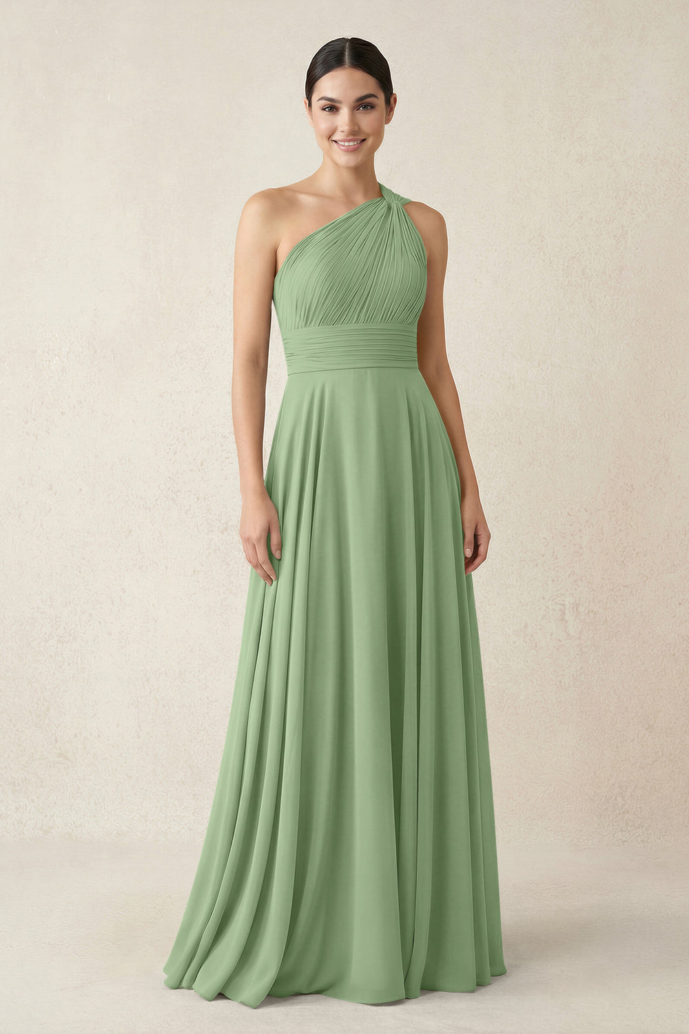 One-Shoulder A-Line Pleated Chiffon Bridesmaid Dress in Matcha