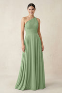 One-Shoulder A-Line Pleated Chiffon Bridesmaid Dress in Matcha | KISSBRIDAL