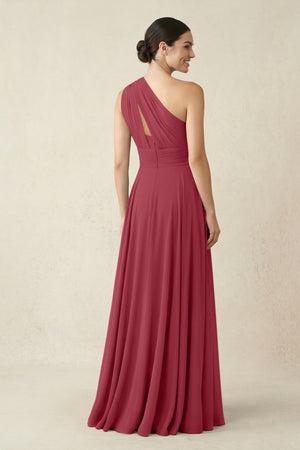 One-Shoulder A-Line Pleated Chiffon Bridesmaid Dress in Merlot (2) | KISSBRIDAL