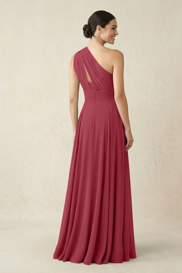 One-Shoulder A-Line Pleated Chiffon Bridesmaid Dress in Merlot (2) | KISSBRIDAL