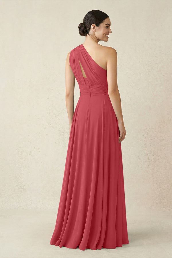 One - Shoulder A - Line Pleated Chiffon Bridesmaid Dress in Merlot - SHE IS ME Bridesmaid Dresses