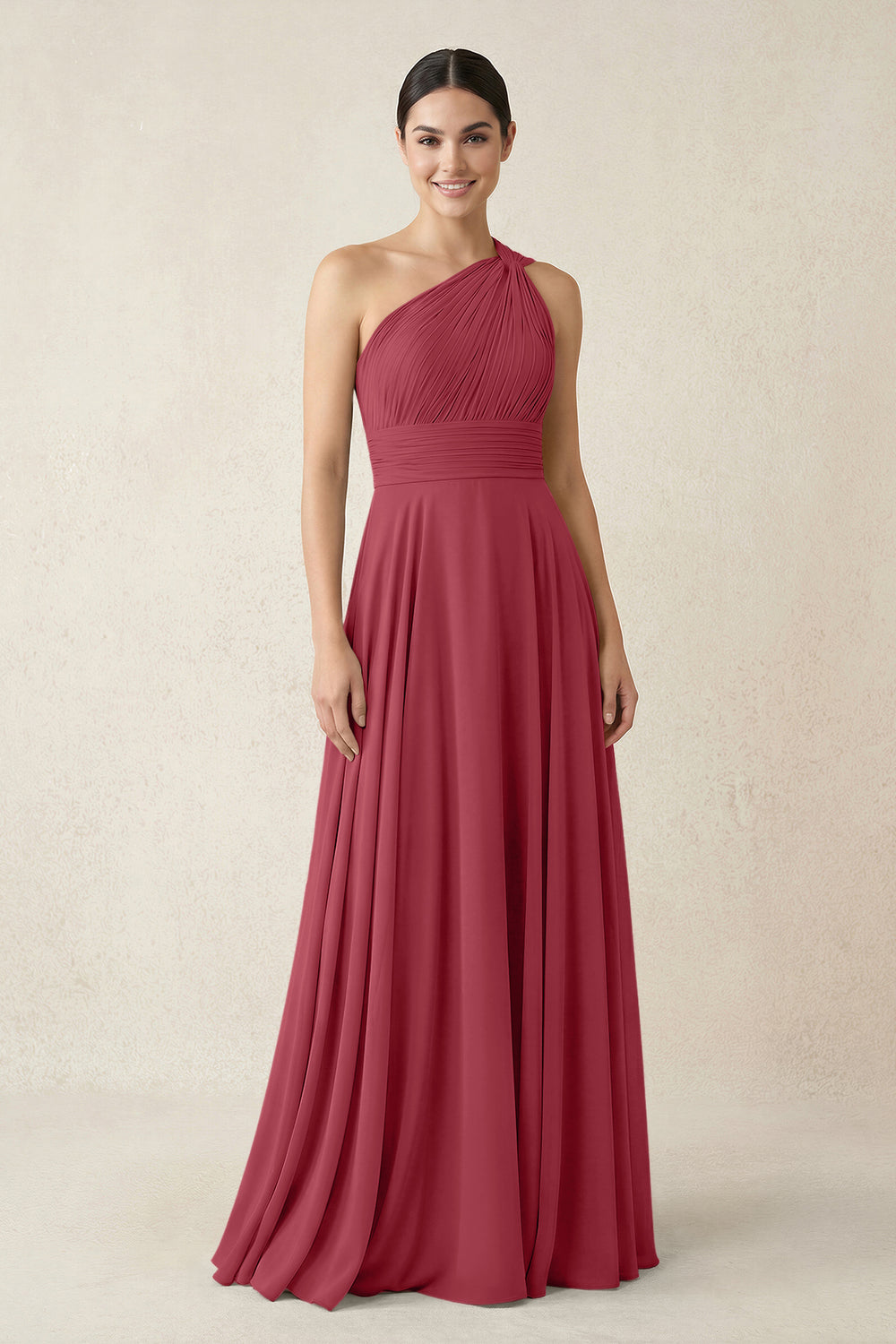 One-Shoulder A-Line Pleated Chiffon Bridesmaid Dress in Merlot
