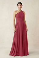 One-Shoulder A-Line Pleated Chiffon Bridesmaid Dress in Merlot | KISSBRIDAL