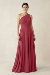 One-Shoulder A-Line Pleated Chiffon Bridesmaid Dress in Merlot | KISSBRIDAL