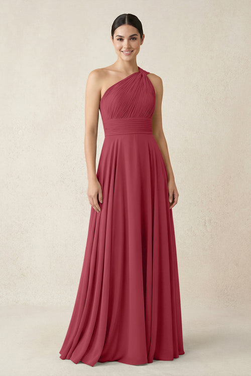 One-Shoulder A-Line Pleated Chiffon Bridesmaid Dress in Merlot | KISSBRIDAL