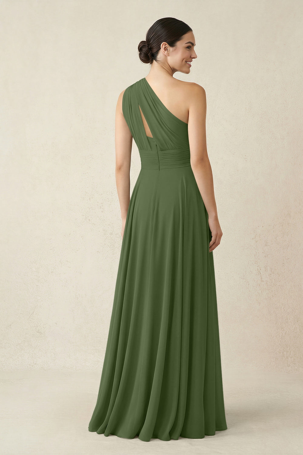 One-Shoulder A-Line Pleated Chiffon Bridesmaid Dress in Moss