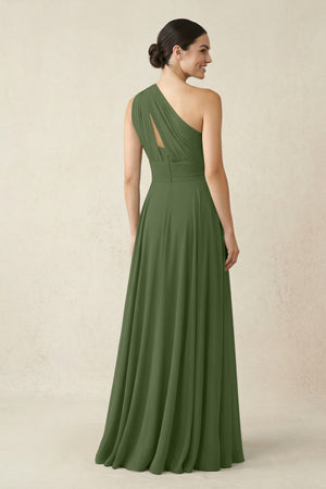 One-Shoulder A-Line Pleated Chiffon Bridesmaid Dress in Moss (2) | KISSBRIDAL
