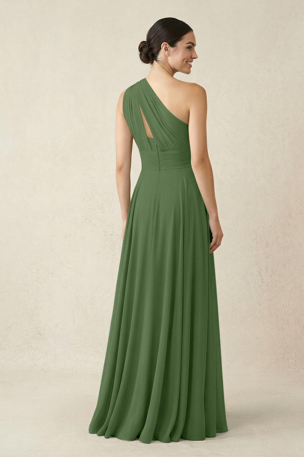 One - Shoulder A - Line Pleated Chiffon Bridesmaid Dress in Moss - KISS BRIDAL Bridesmaid Dresses