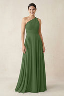 One - Shoulder A - Line Pleated Chiffon Bridesmaid Dress in Moss - SHE IS ME Bridesmaid Dresses
