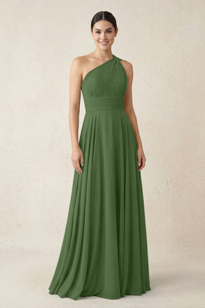 One - Shoulder A - Line Pleated Chiffon Bridesmaid Dress in Moss - SHE IS ME Bridesmaid Dresses