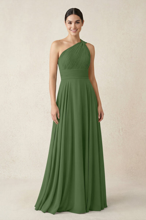 One - Shoulder A - Line Pleated Chiffon Bridesmaid Dress in Moss - SHE IS ME Bridesmaid Dresses