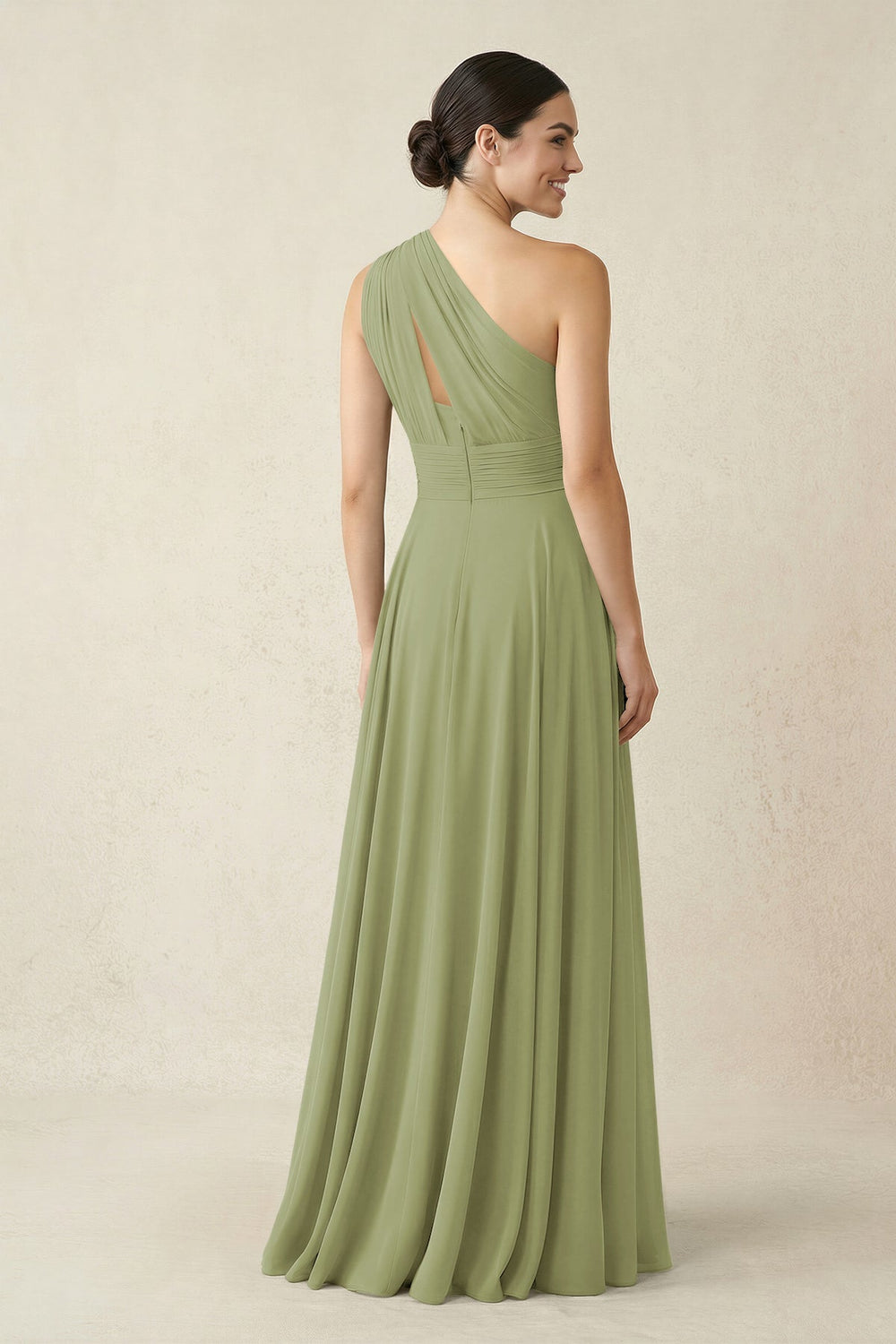 One - Shoulder A - Line Pleated Chiffon Bridesmaid Dress in Moss Green - KISS BRIDAL Bridesmaid Dresses