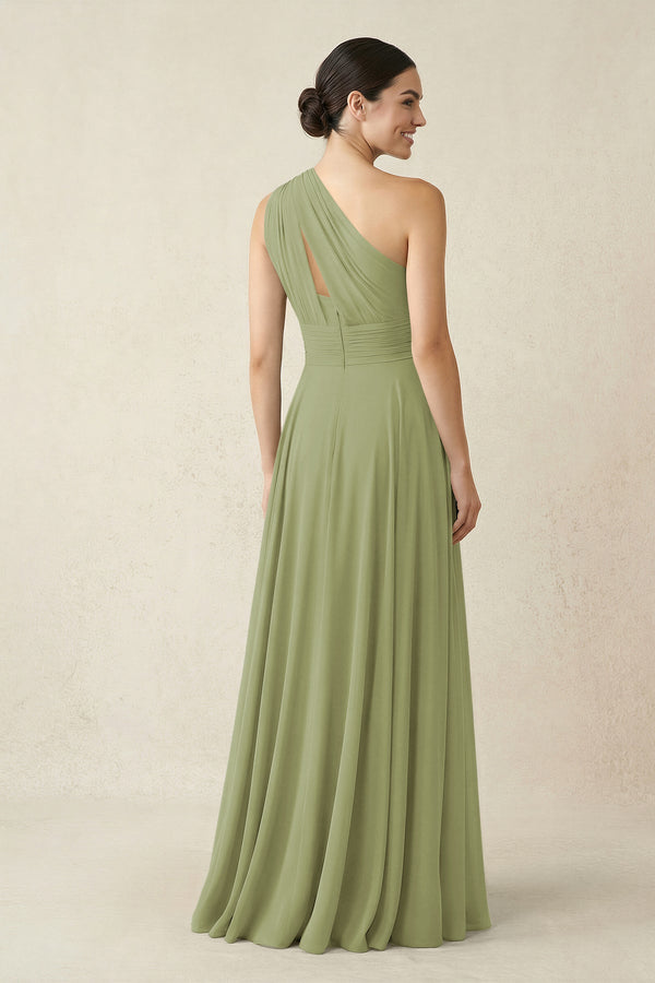 One - Shoulder A - Line Pleated Chiffon Bridesmaid Dress in Moss Green - SHE IS ME Bridesmaid Dresses