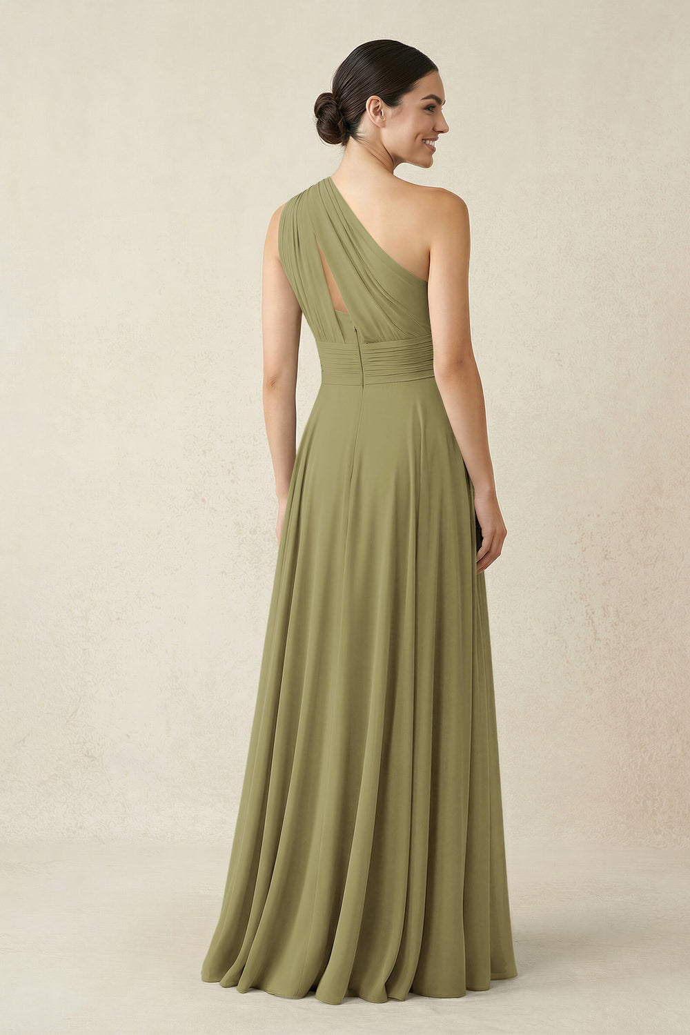 One-Shoulder A-Line Pleated Chiffon Bridesmaid Dress in Moss Green