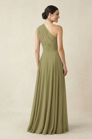 One-Shoulder A-Line Pleated Chiffon Bridesmaid Dress in Moss Green (2) | KISSBRIDAL