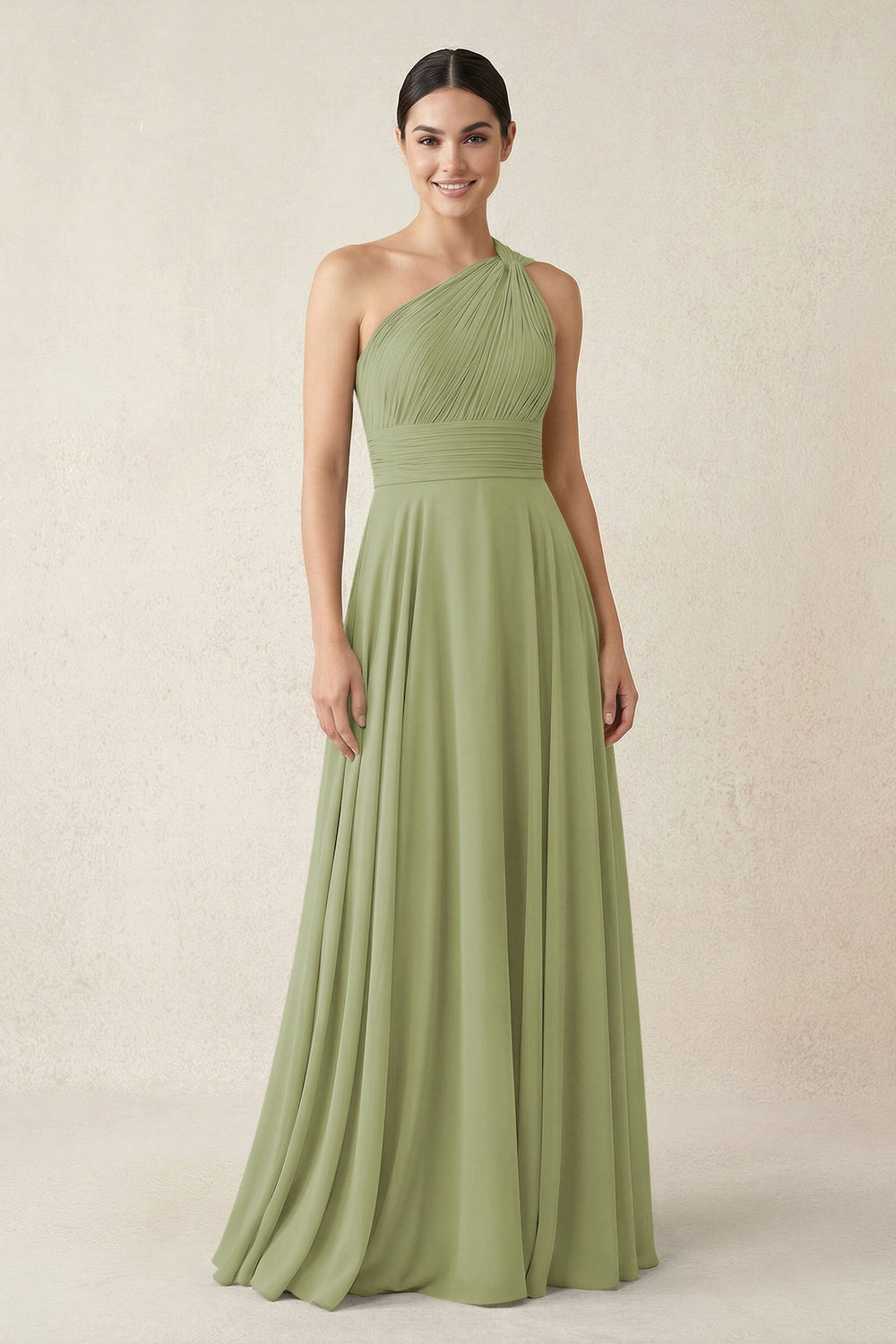 One - Shoulder A - Line Pleated Chiffon Bridesmaid Dress in Moss Green - KISS BRIDAL Bridesmaid Dresses
