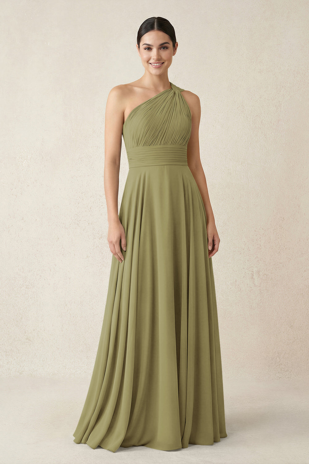 One-Shoulder A-Line Pleated Chiffon Bridesmaid Dress in Moss Green