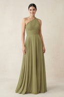 One-Shoulder A-Line Pleated Chiffon Bridesmaid Dress in Moss Green | KISSBRIDAL