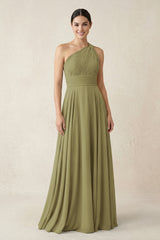 One-Shoulder A-Line Pleated Chiffon Bridesmaid Dress in Moss Green | KISSBRIDAL
