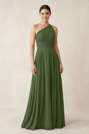 One-Shoulder A-Line Pleated Chiffon Bridesmaid Dress in Moss | KISSBRIDAL