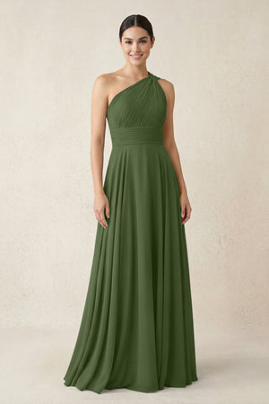 One-Shoulder A-Line Pleated Chiffon Bridesmaid Dress in Moss | KISSBRIDAL